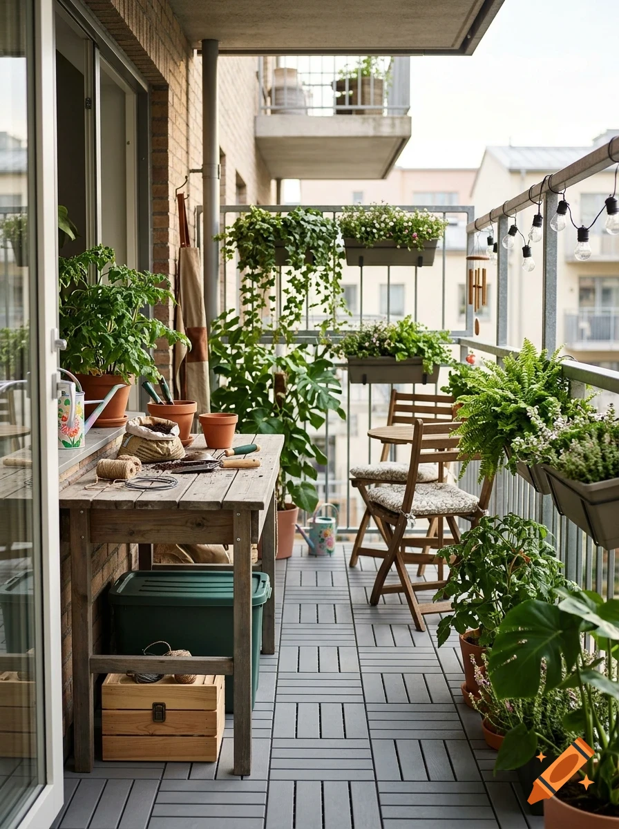 An apartment balcony decorated with potted plants, a wooden potting bench, and a small table and chairs.