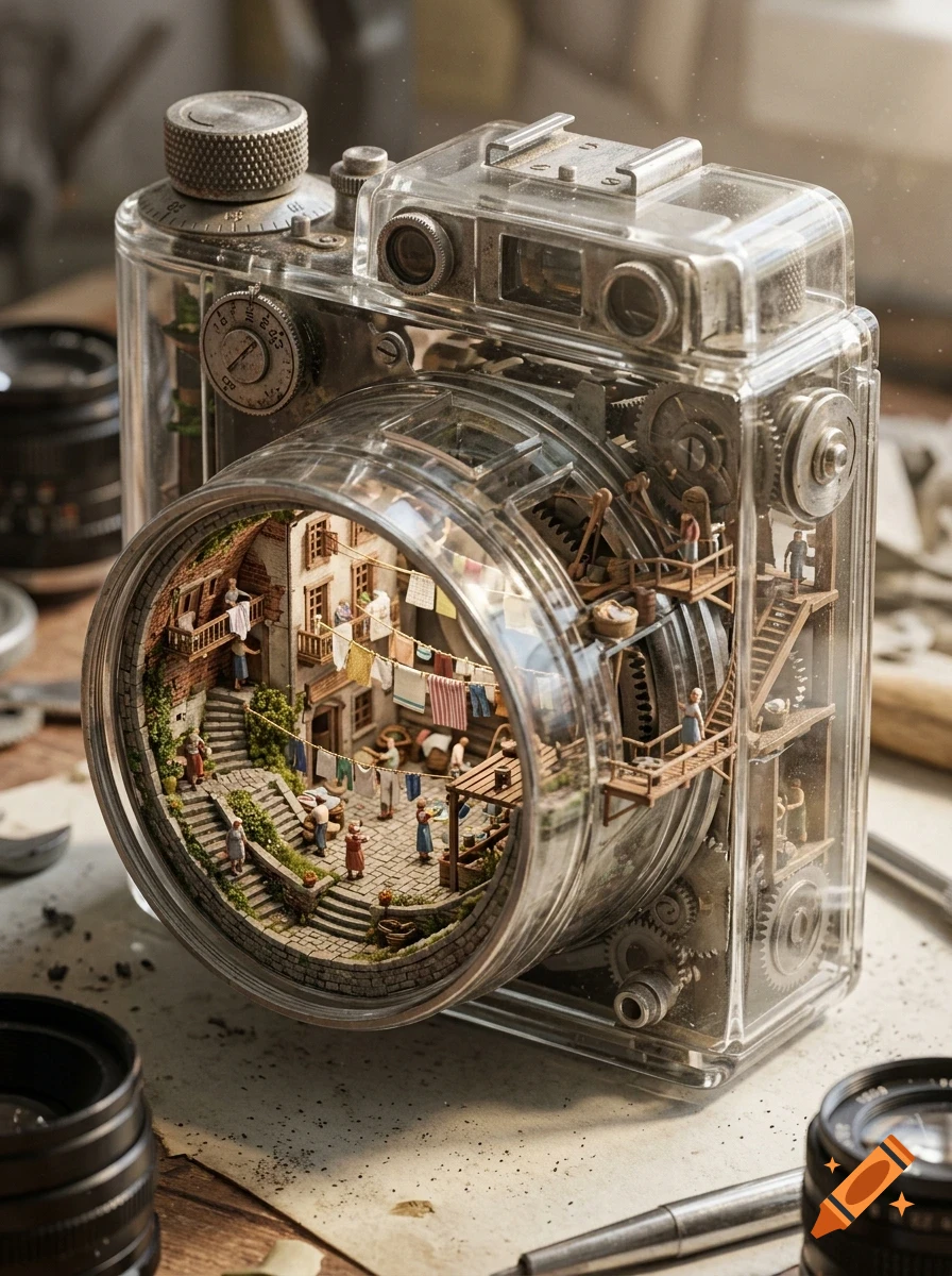 A transparent camera diorama containing a miniature Italian village street scene inside its lens and gears inside its body.