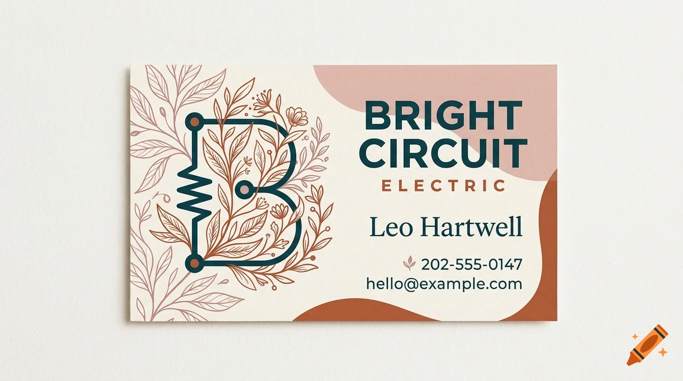 A business card design for Bright Circuit Electric featuring a botanical letter B and contact information.