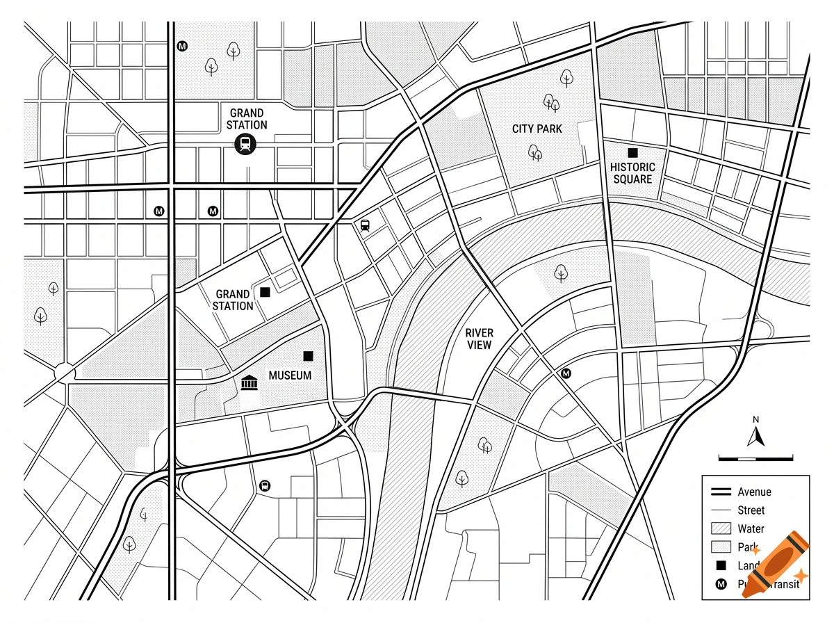 Black and white simple city map with streets, parks, a river, and a legend.