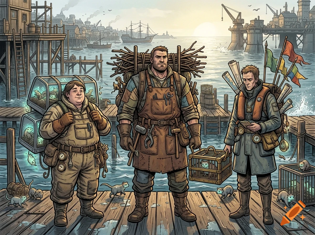 Three adventurers with small creatures and gear stand on a wooden dock overlooking a harbor at sunset.