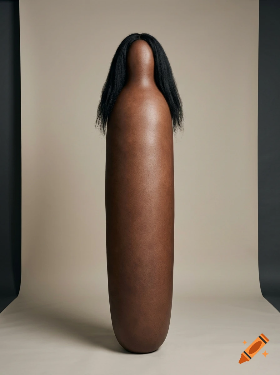 A surreal photorealistic sculpture of a tall cylindrical brown body with long black hair standing against a neutral studio backdrop.