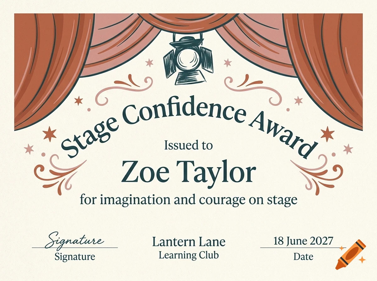 An illustrated Stage Confidence Award certificate featuring red stage curtains, a spotlight, and lettering.
