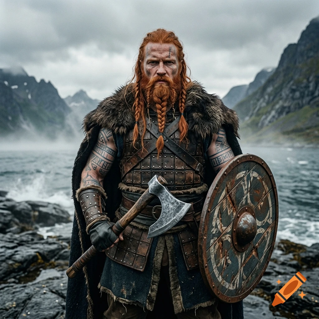 Photorealistic portrait of a red-haired Viking warrior with tattoos, holding an axe and a shield, standing on a rocky shore in front of a fjord.