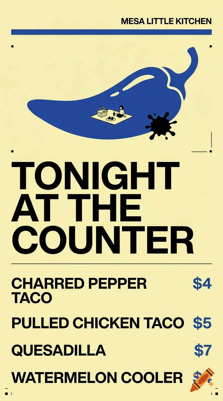A menu poster for Mesa Little Kitchen featuring bold text reading 'TONIGHT AT THE COUNTER', a graphic of a blue pepper with a small picnic scene on it, and listed food items with prices.