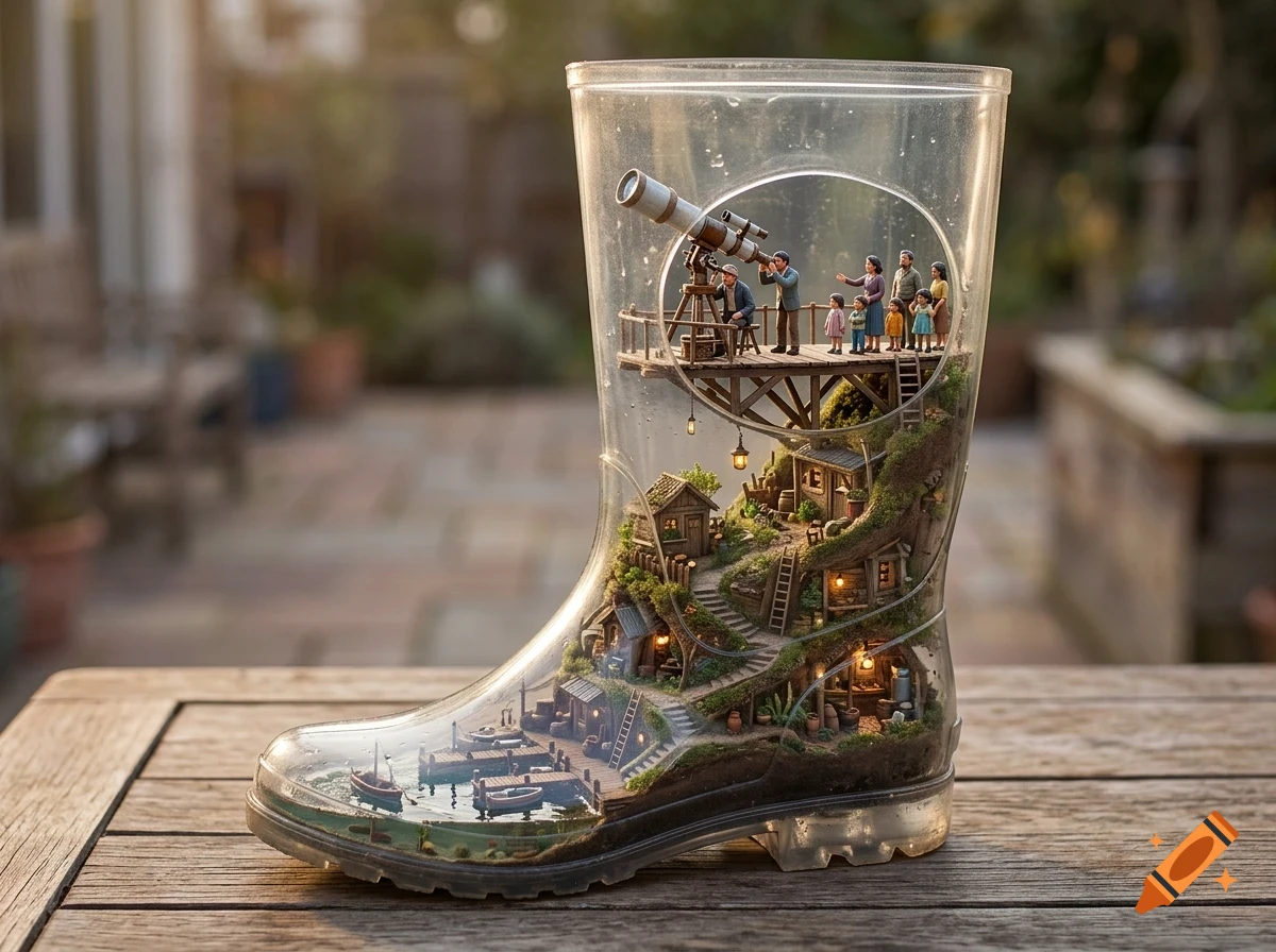 A miniature world built inside a transparent rubber boot resting on a wooden table, featuring tiny houses, a dock with boats, and people looking through a telescope.