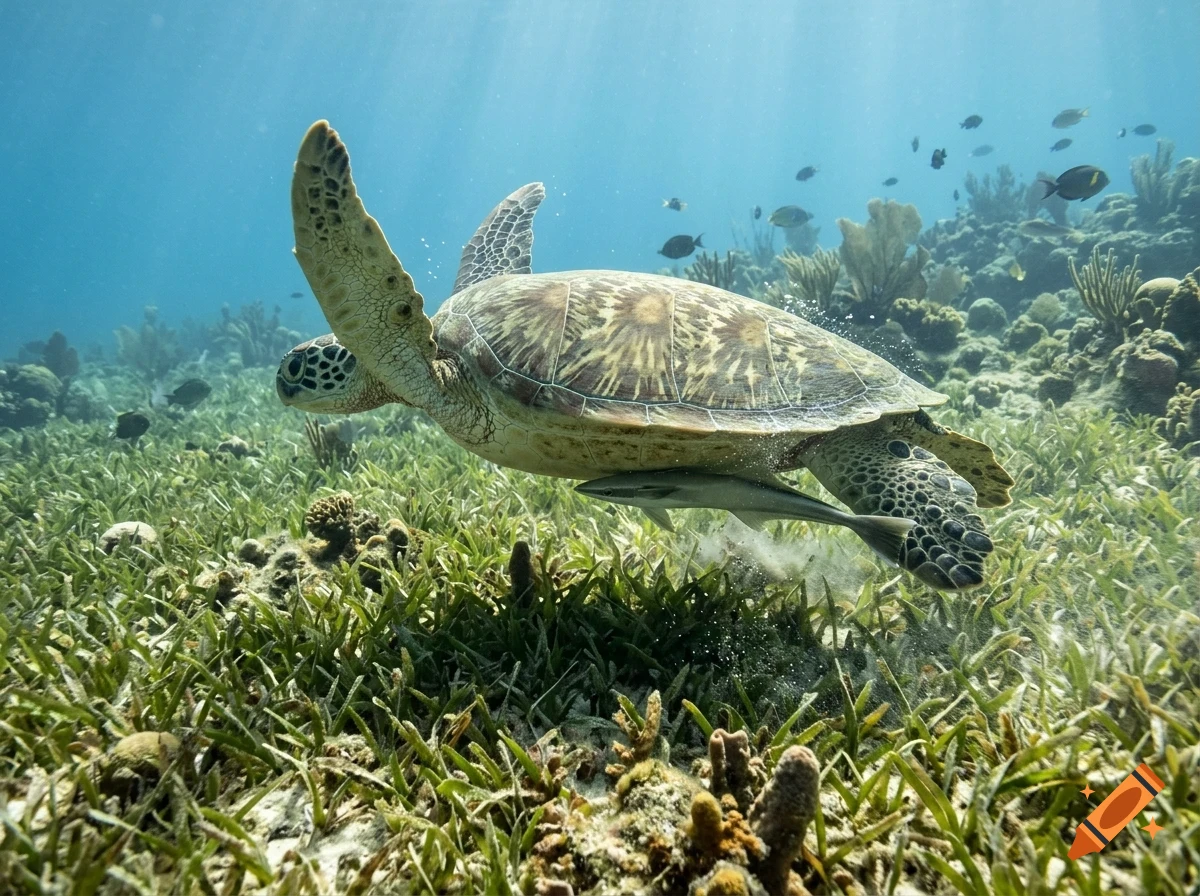 A sea turtle swimming gracefully over a shallow seagrass bed with small fish swimming around in clear blue ocean water.