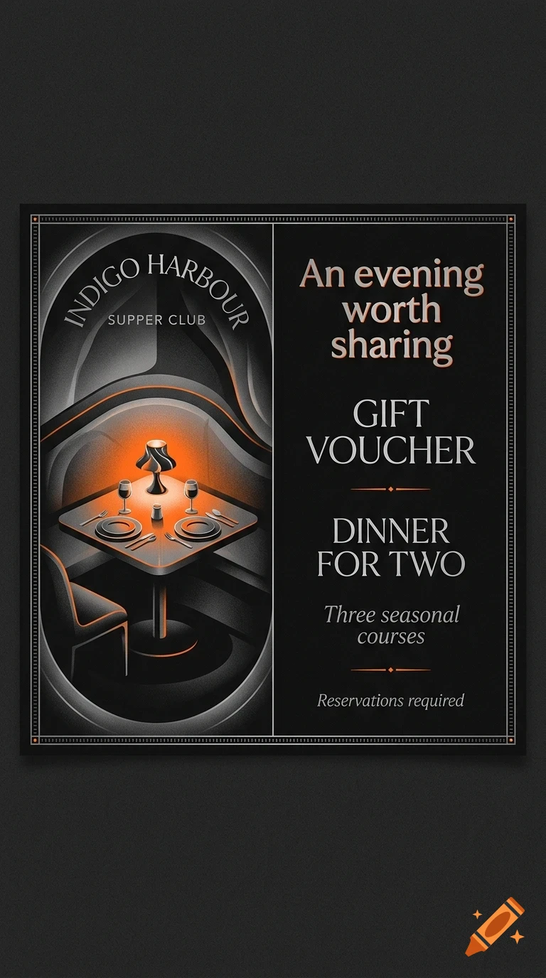 An elegant gift voucher design for Indigo Harbour Supper Club featuring a lit table setting illustration and text.