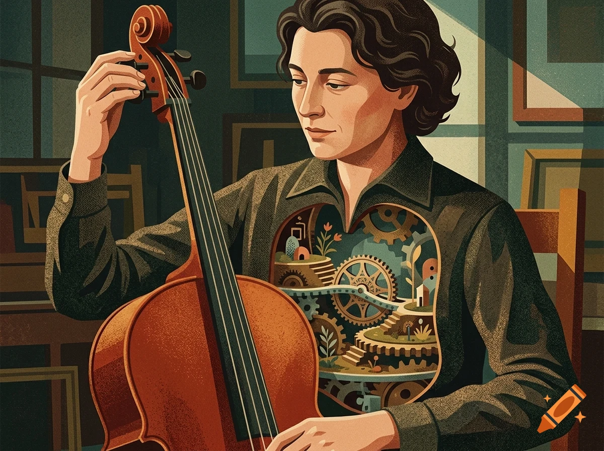 An illustration of a person tuning a cello with a cutout in their chest revealing mechanical gears and small houses inside.