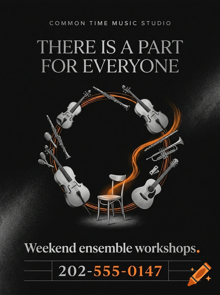 A poster with musical instruments arranged in a circle around an empty chair, with text above and below.