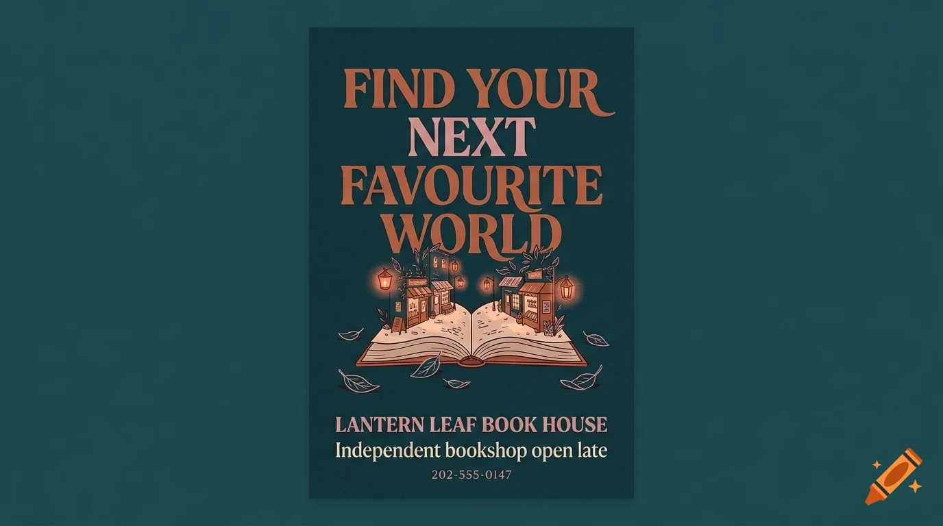 A poster featuring typography that reads 'FIND YOUR NEXT FAVOURITE WORLD' above an open book with miniature shops, and 'LANTERN LEAF BOOK HOUSE' at the bottom.