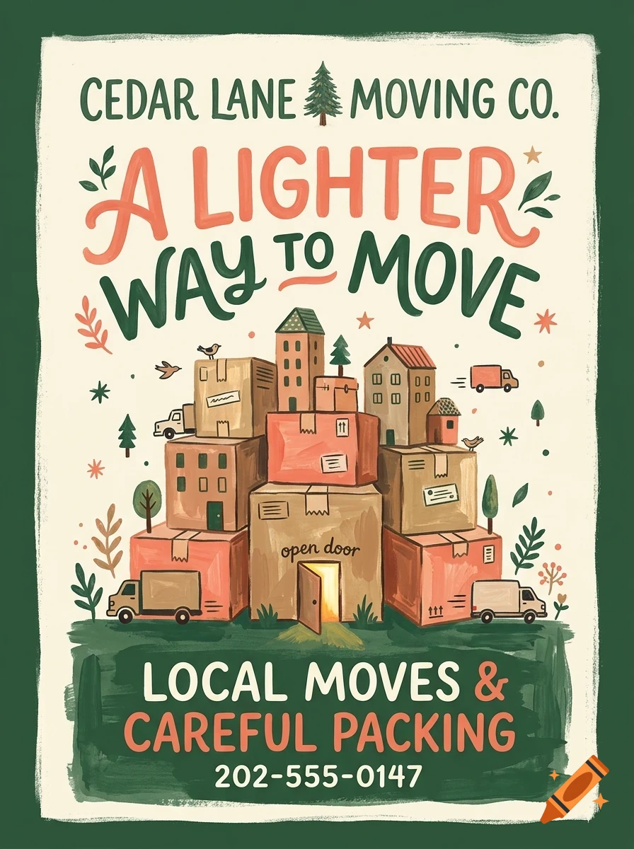 An illustrated poster for Cedar Lane Moving Co featuring a stack of cardboard boxes resembling a city skyline, with moving trucks, small houses, and lettering.
