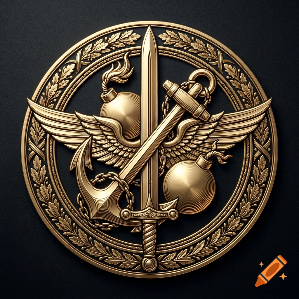 Golden circular metallic emblem on a black background featuring a sword, anchor, wings, and bombs.