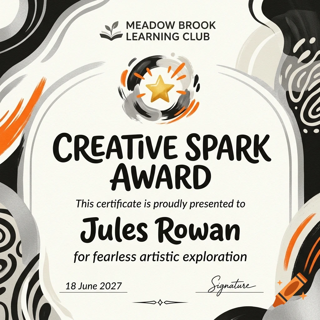 An award certificate reading Creative Spark Award presented to Jules Rowan by Meadow Brook Learning Club, featuring an illustrated gold star and abstract shapes in black, white, and orange.
