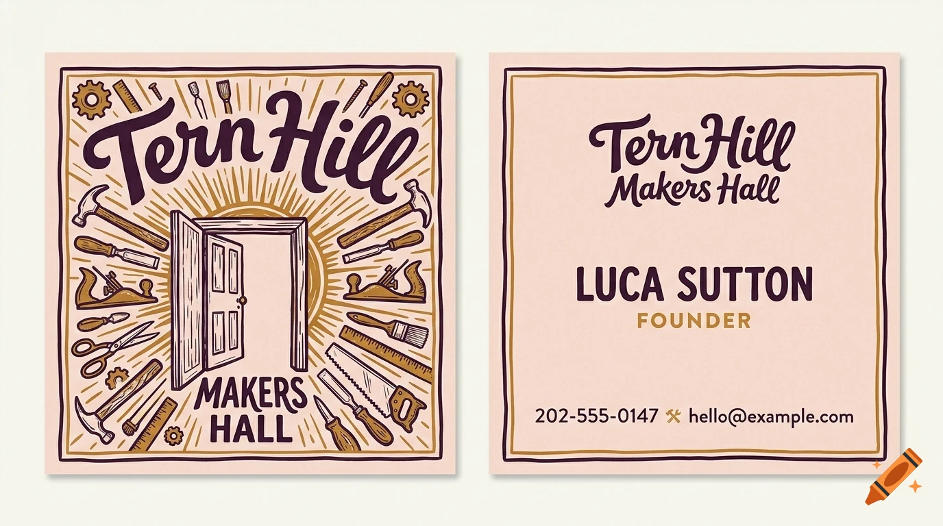 Two-sided business card design featuring hand-drawn tools, an open door, and lettering for Tern Hill Makers Hall.
