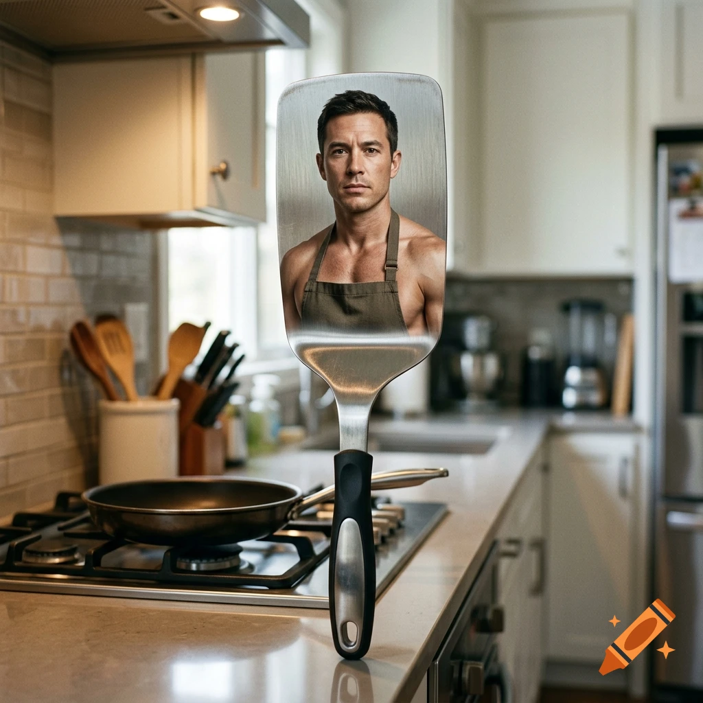 A photorealistic image of a spatula whose metal blade features the upper body of a shirtless man wearing an apron, standing in a kitchen.
