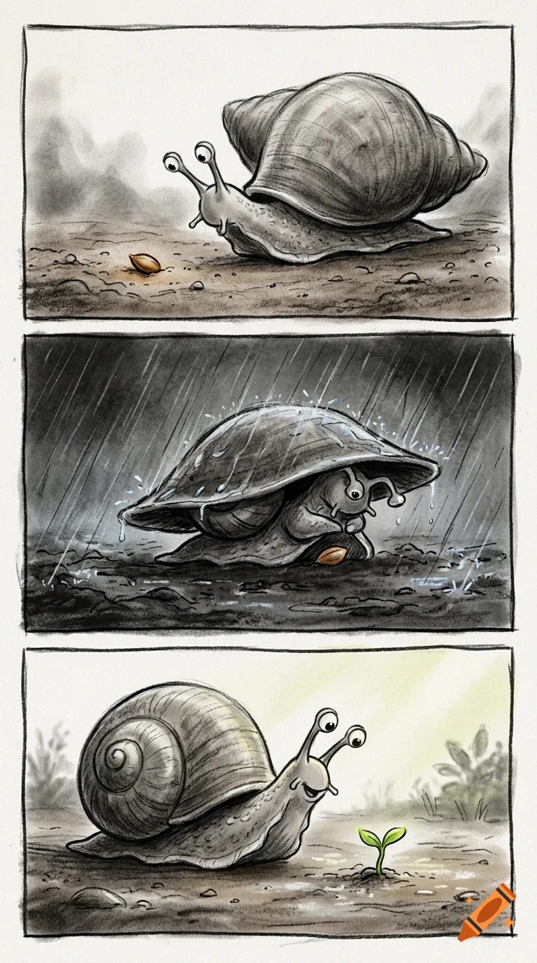 A three-panel comic illustration shows a snail approaching a seed, sheltering under a mushroom during the rain, and looking at a newly sprouted plant.
