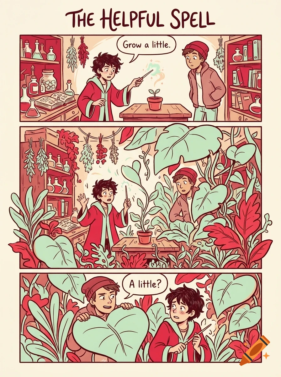 A three-panel comic titled 'The Helpful Spell' showing a boy casting a magic spell on a small potted plant, causing it to grow into a massive jungle that fills the room.