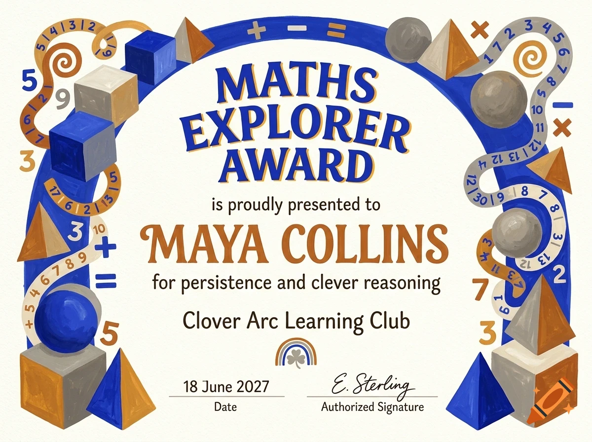 An award certificate titled 'Maths Explorer Award' for Maya Collins, decorated with geometric shapes, numbers, and mathematical symbols.