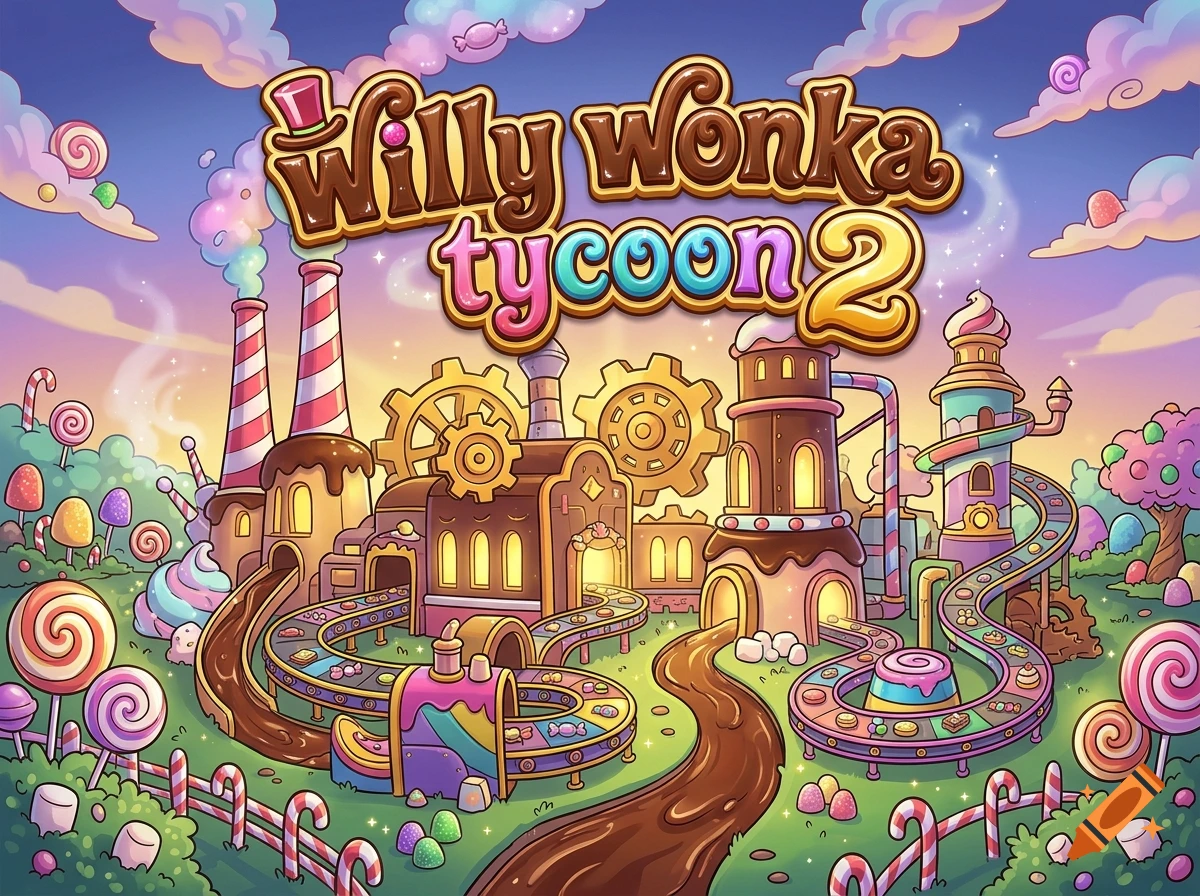 Cartoon illustration of a whimsical candy factory with conveyor belts, chocolate rivers, and candy-themed architecture, titled Willy Wonka Tycoon 2.