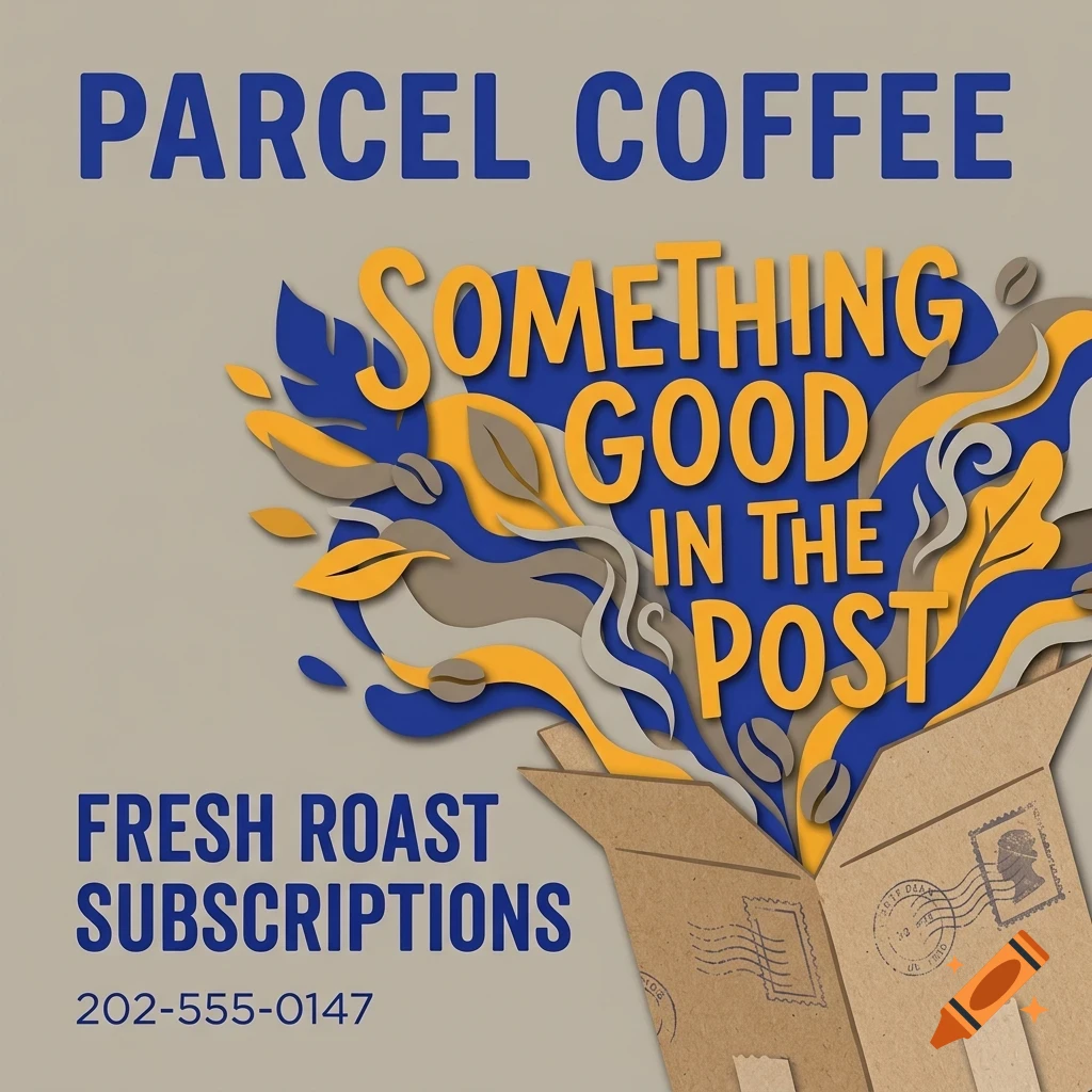 An advertisement for Parcel Coffee featuring layered paper art of a shipping box with coffee beans and leaves emerging, accompanied by lettering saying SOMETHING GOOD IN THE POST.