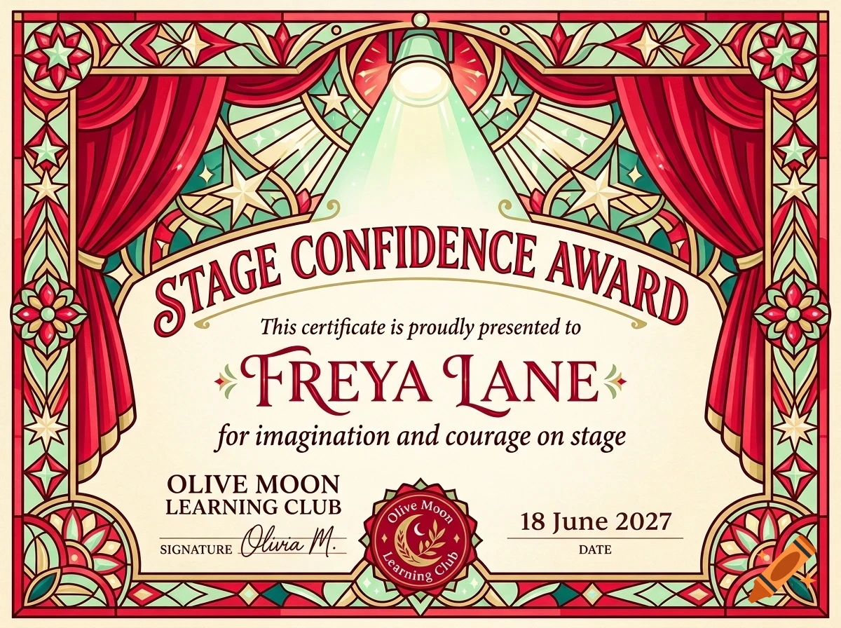 An ornate certificate titled 'Stage Confidence Award' presented to Freya Lane, featuring red stage curtains, a spotlight, and a stained glass-style border.