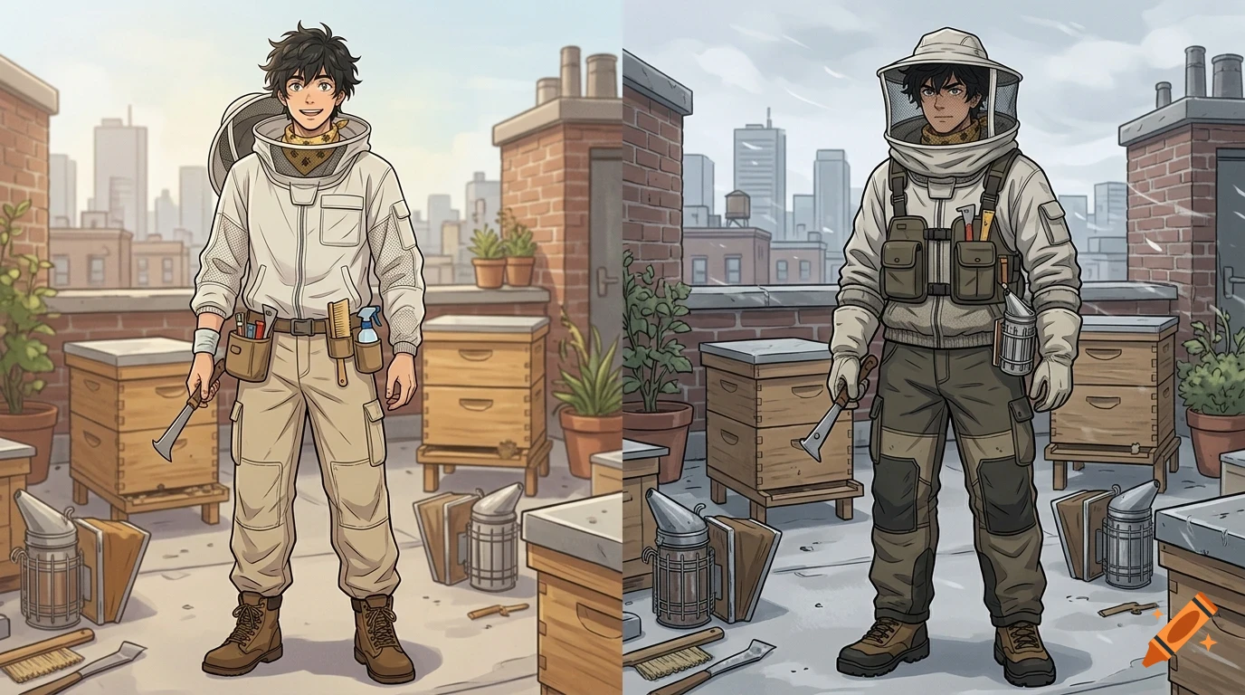 An anime-style illustration of a beekeeper standing on a rooftop apiary with beehives and city skyline in the background.