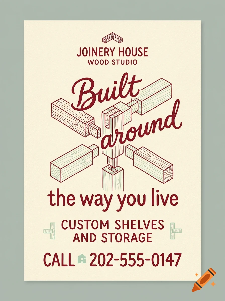 An advertisement for Joinery House Wood Studio featuring wood joinery illustrations and text saying Built around the way you live.