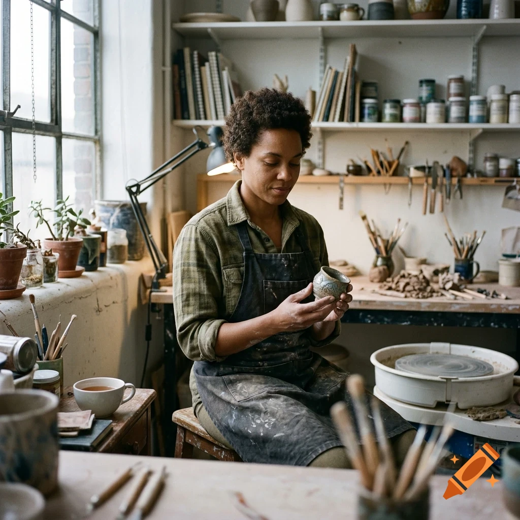 A person in a pottery studio holding a small ceramic piece.