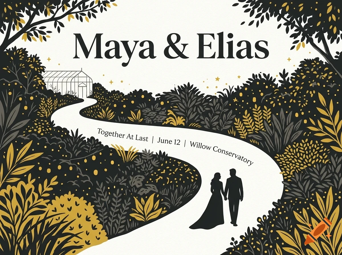 An illustrated wedding invitation featuring a couple walking along a winding path through a garden toward a conservatory, with the text 'Maya & Elias' and 'Together At Last | June 12 | Willow Conservatory'.