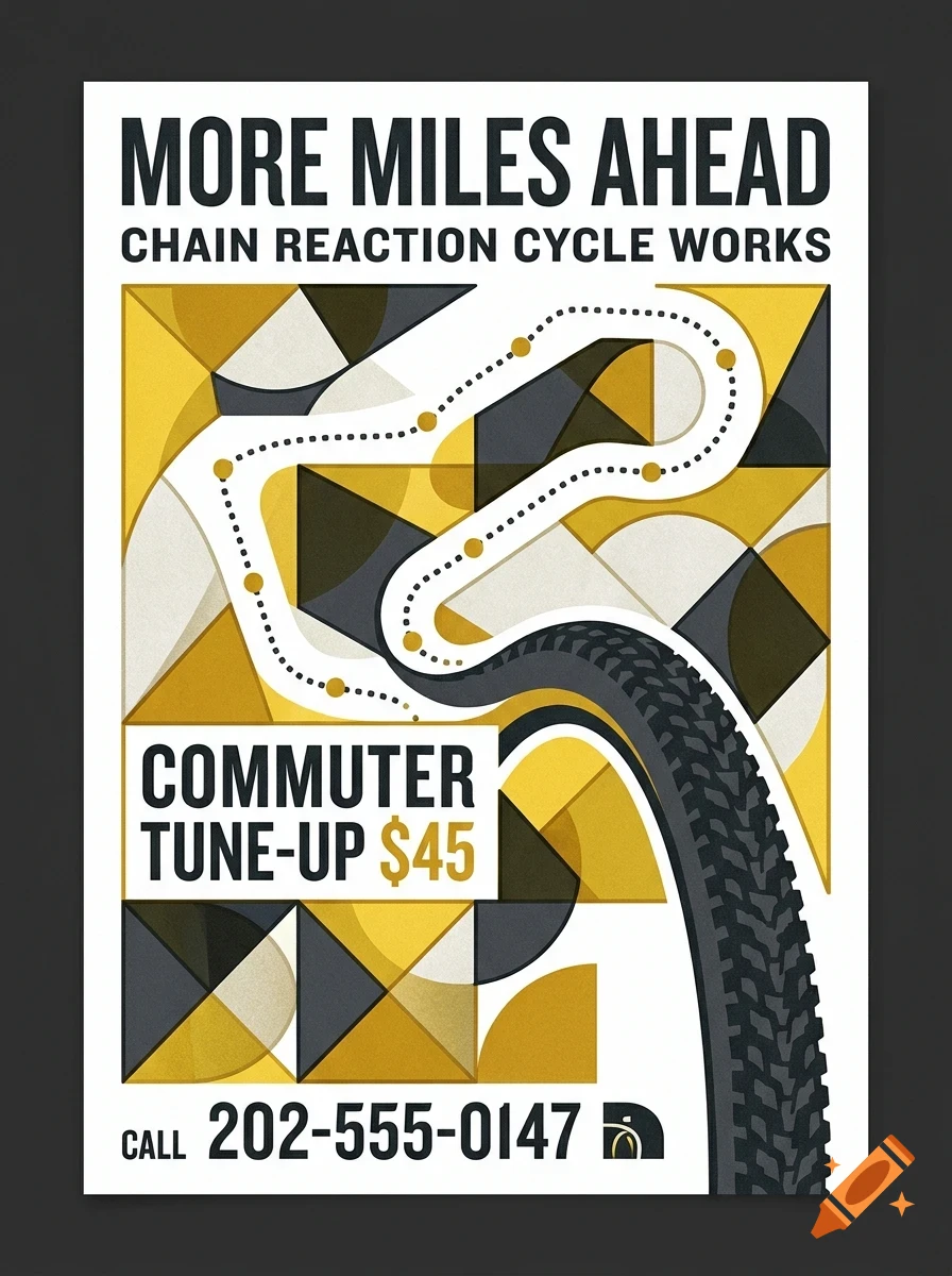 A poster featuring a bicycle tire, a winding dotted path, geometric patterns in yellow and charcoal, and promotional text.