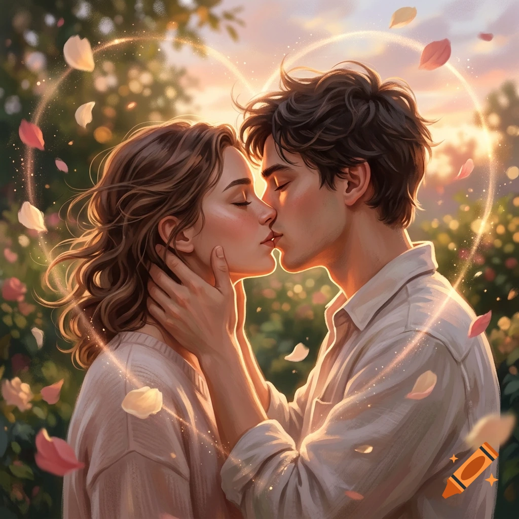 An illustration of a young couple about to kiss, surrounded by a glowing heart shape and floating petals.