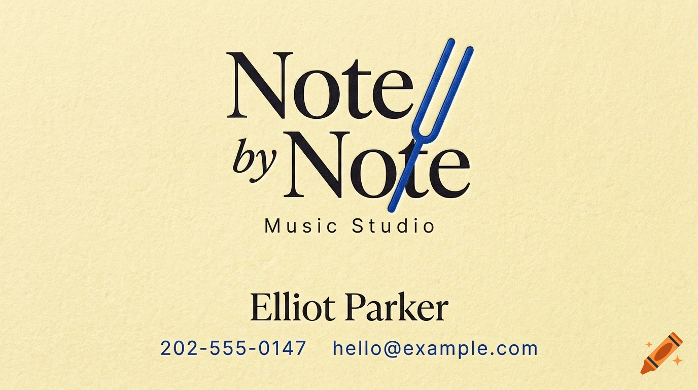 A business card design for Note by Note Music Studio featuring a tuning fork icon and contact details.