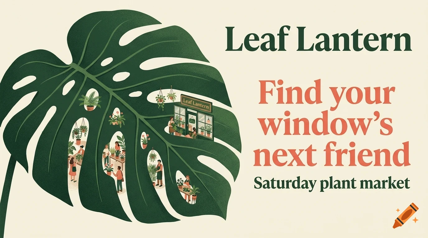 An illustration of a large green leaf with cutouts revealing a plant shop and people browsing plants, alongside text reading Leaf Lantern and Find your window's next friend.