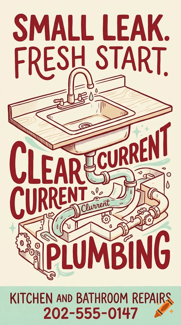 An illustrated plumbing advertisement featuring a sink, pipes, and text including Small leak. Fresh start.