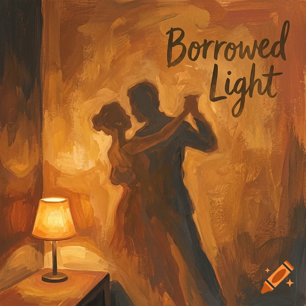 An oil painting of a couple dancing in warm, dim light next to a bedside lamp, with the text 'Borrowed Light'.
