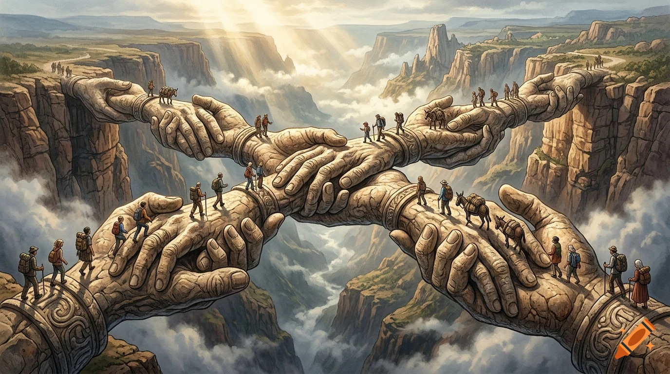 An artistic illustration of gigantic stone hands linked together to form bridges across a deep canyon, with small travelers walking across them.