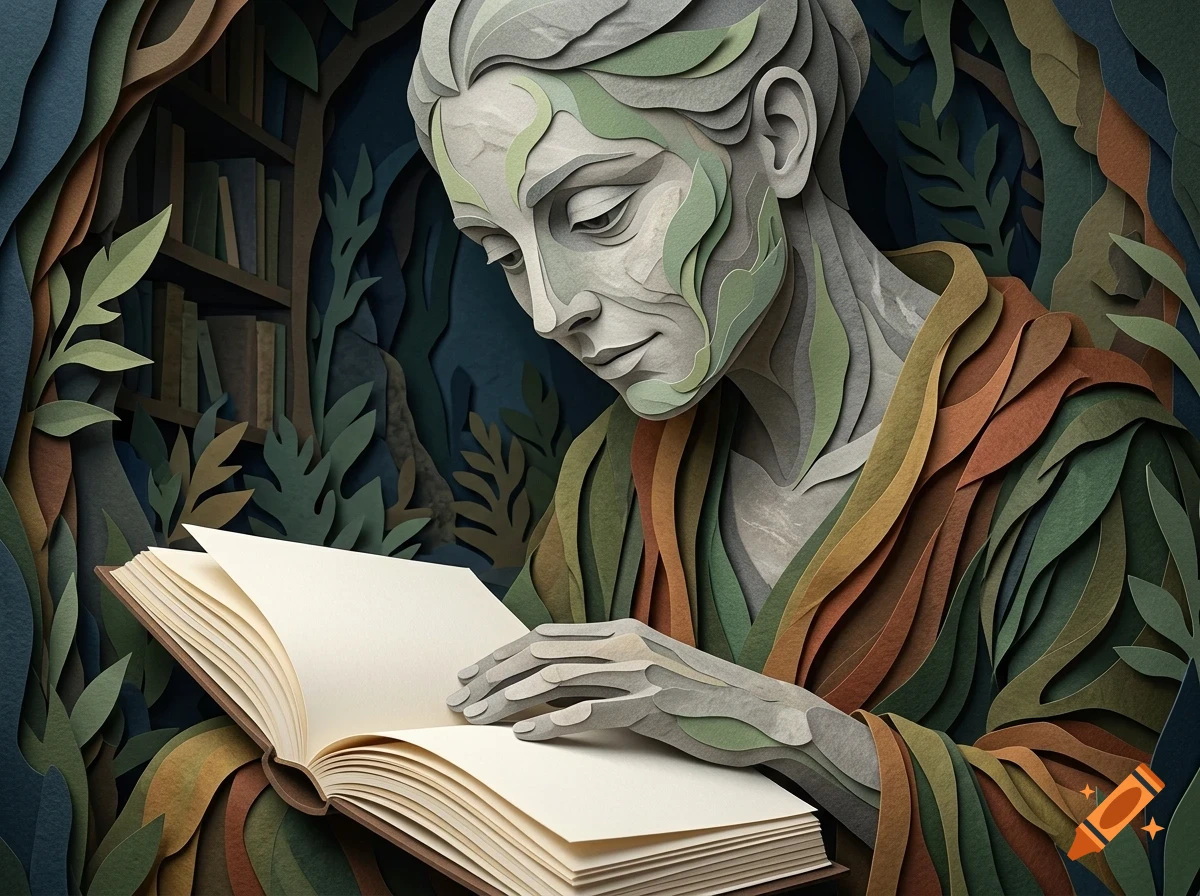 A stylized layered papercraft illustration of a figure reading an open book amidst foliage and bookshelves.