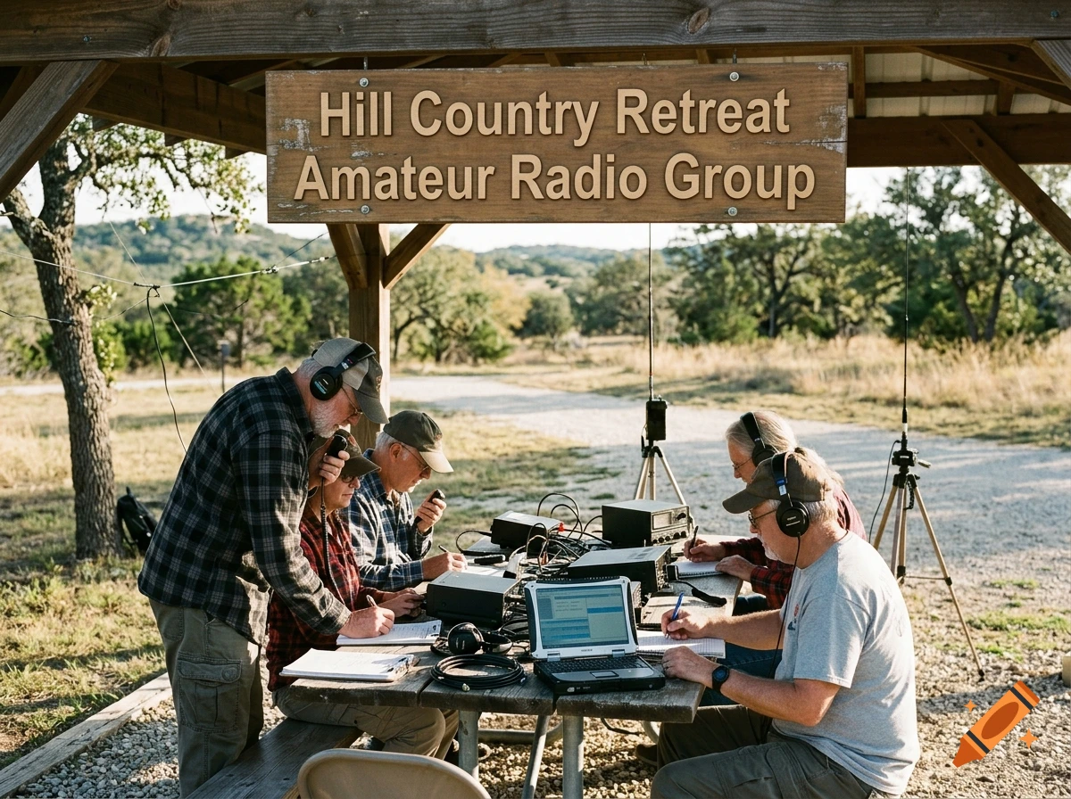 Photorealistic image of a group of people operating amateur radio equipment under a wooden pavilion.