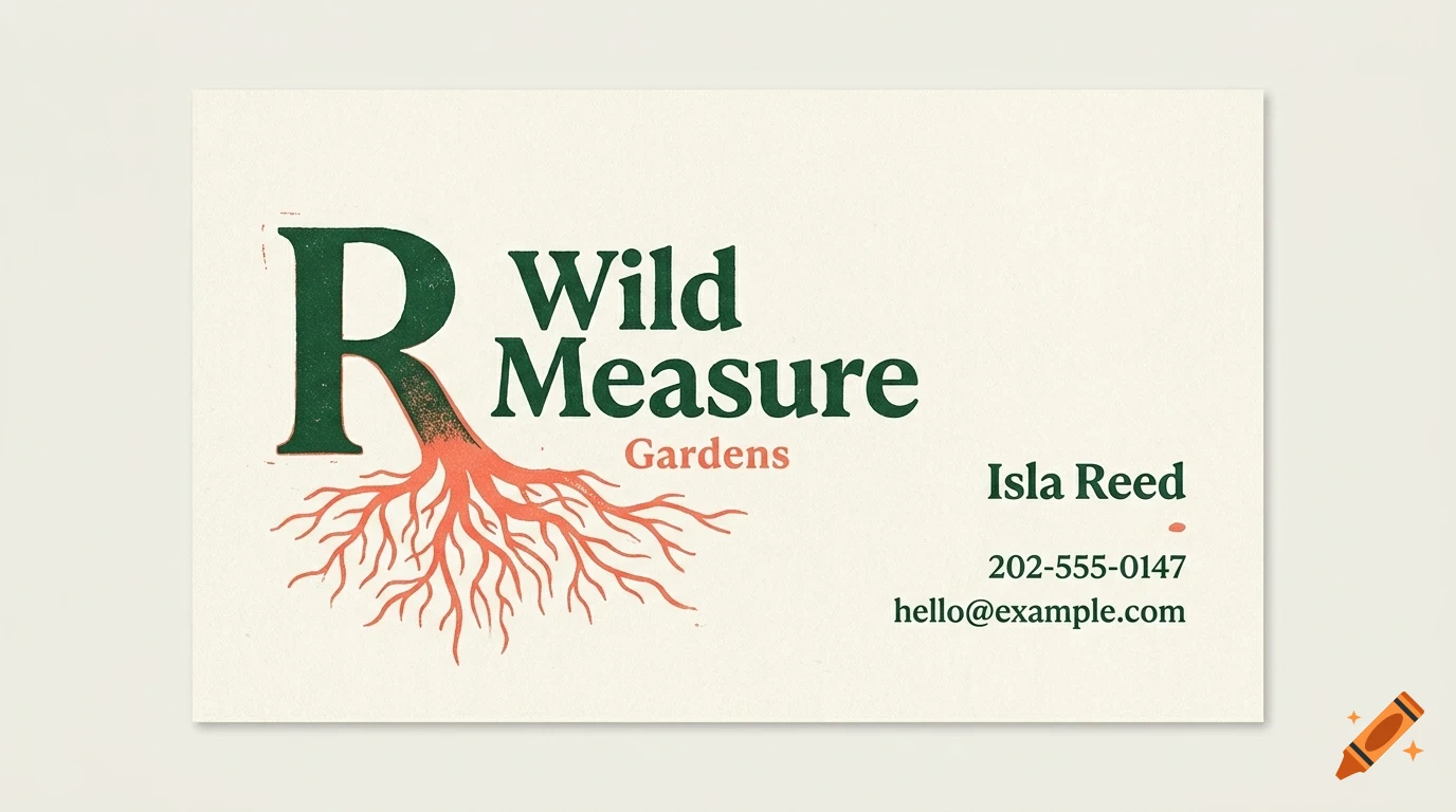 A business card featuring the text Wild Measure Gardens, Isla Reed, and contact details alongside a stylized letter R with tree roots.