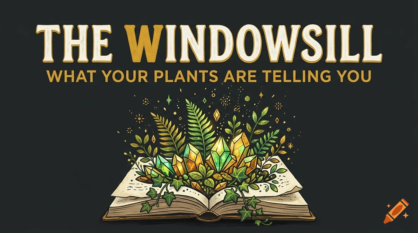 An open book with plants, leaves, and crystals growing out of the pages, with the text 'THE WINDOWSILL WHAT YOUR PLANTS ARE TELLING YOU' above it on a dark background.