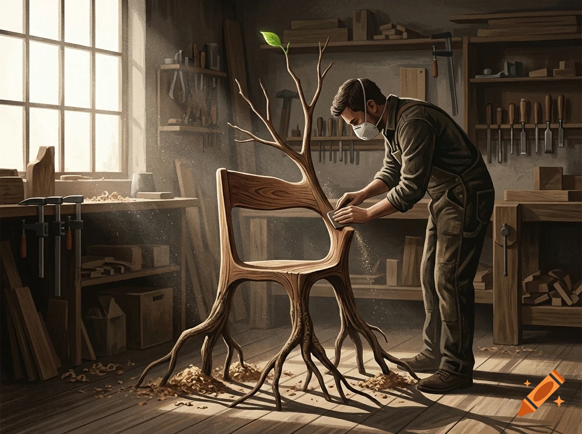 A carpenter wearing a dust mask sands a wooden chair that resembles a tree with roots and branches in a workshop.
