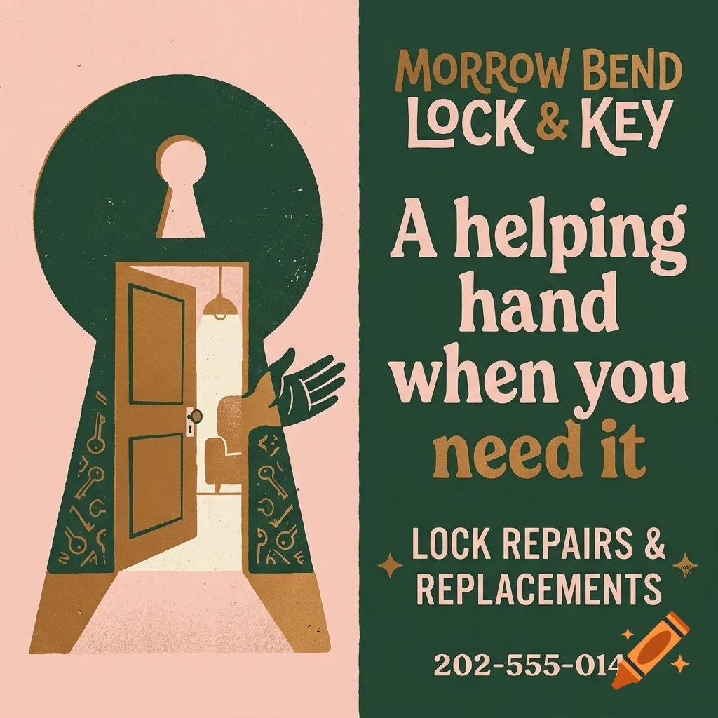An advertisement for Morrow Bend Lock & Key featuring a keyhole graphic with an open door and text.