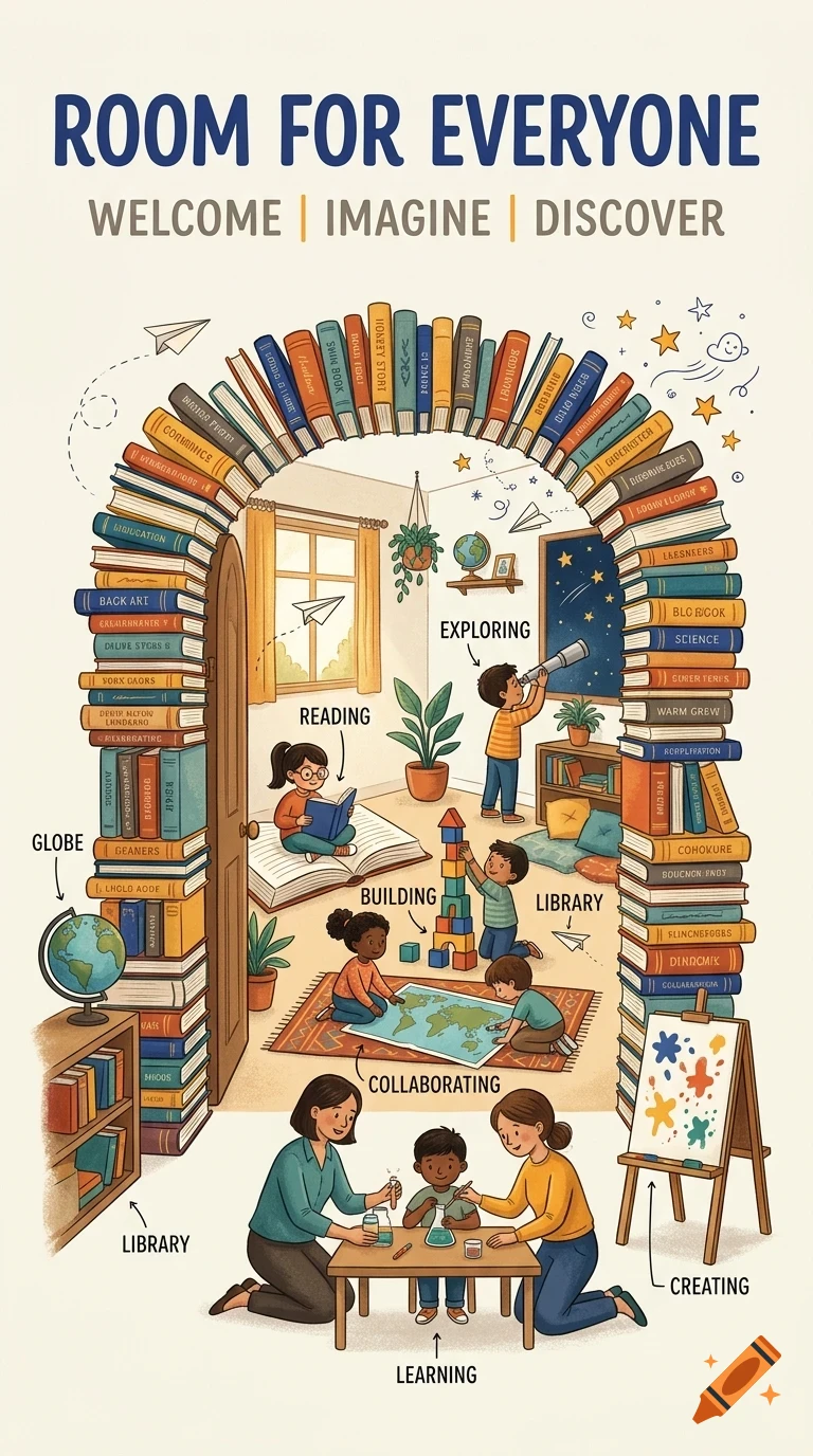 An illustrated poster titled Room For Everyone shows children and adults engaged in learning activities inside a room framed by an arched doorway made of stacked books.