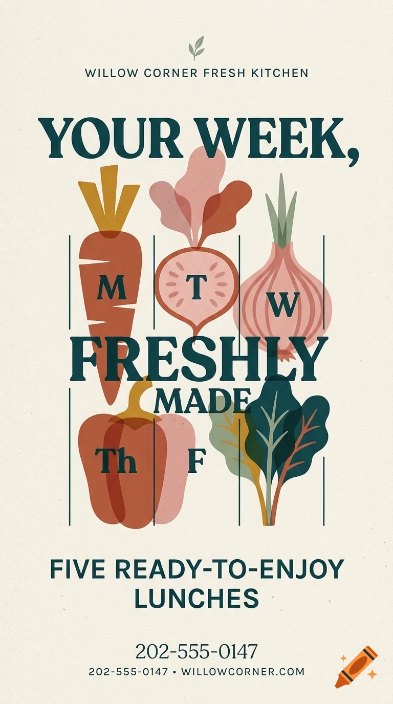 An illustrated poster for Willow Corner Fresh Kitchen featuring vegetables and weekly meal scheduling text.