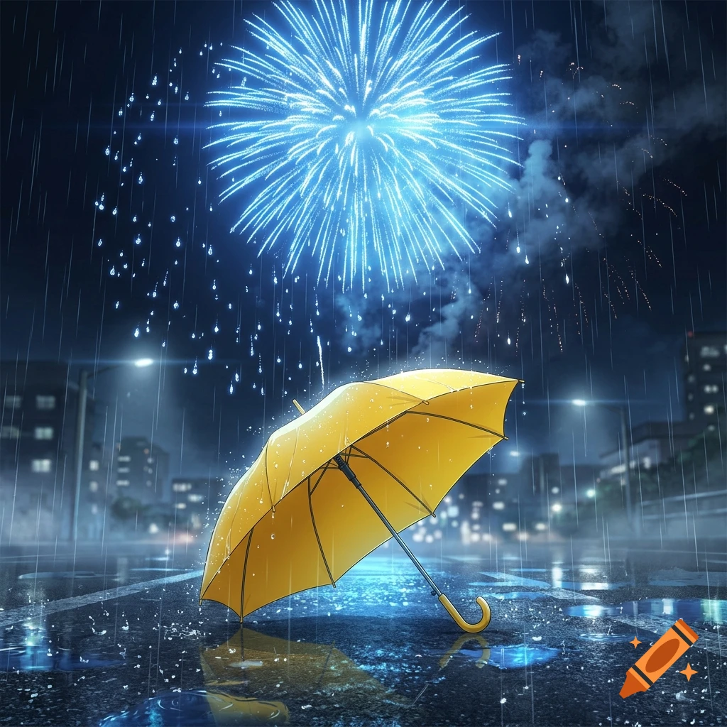 An anime-style digital painting of a yellow umbrella on wet asphalt during a night rainstorm, with a bright blue firework exploding in the sky.