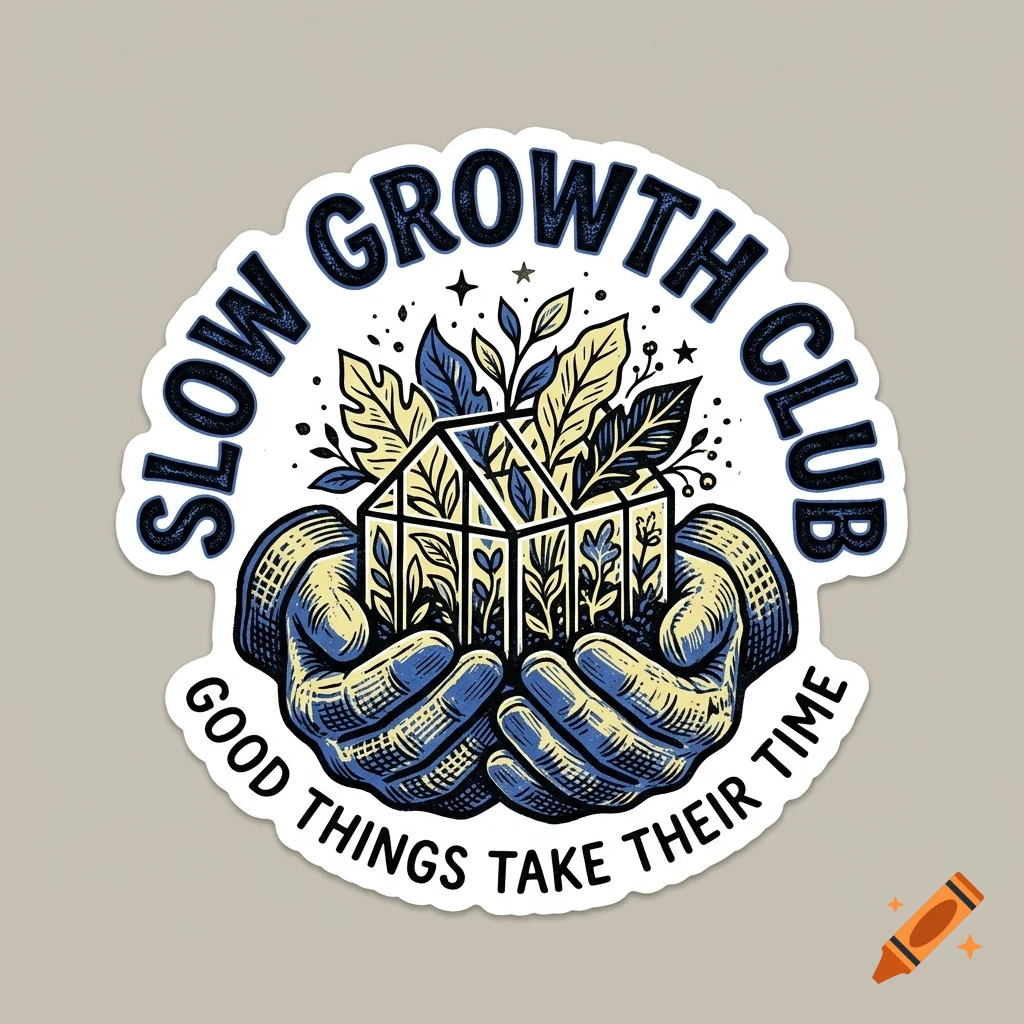 An illustrated circular sticker depicting two hands holding a small greenhouse filled with plants, surrounded by the text Slow Growth Club and Good things take their time.