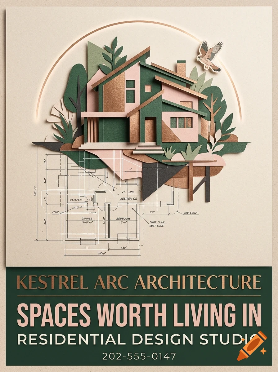 An architectural papercraft illustration showing a modern house over a blueprint, with text reading 'KESTREL ARC ARCHITECTURE'.