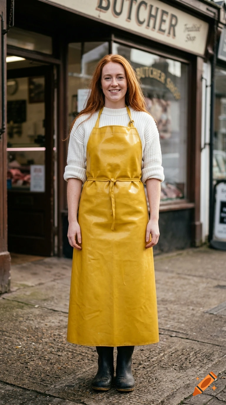 Photorealistic portrait of a smiling woman with red hair wearing a yellow rubber apron and black boots in front of a butcher shop.