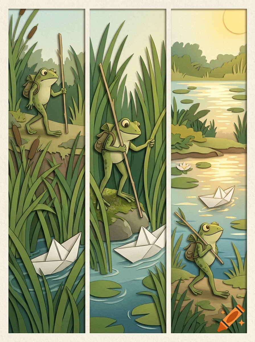 Three vertical panels illustrating an anthropomorphic frog with a backpack and walking stick traveling through tall grass near a river with paper boats.